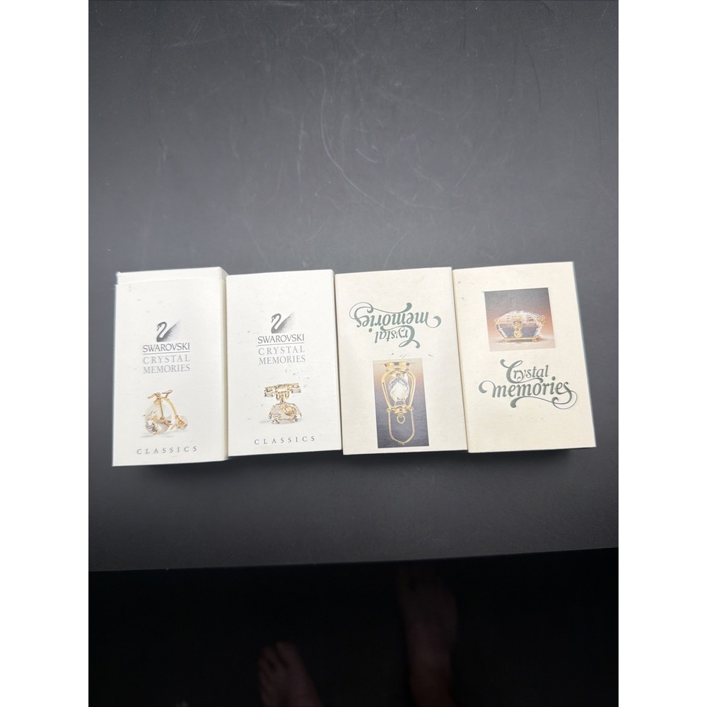 Swarovski Crystal Memories Classics 4pc Figurine Set Bicycle Phone Lantern Chest